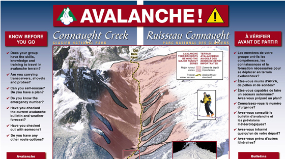 Colour illustration of avalanche terrain map with dangerous areas highlighted and tips to stay safe.