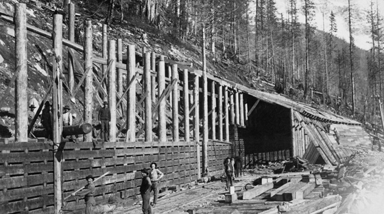 6+ men pose for black and white photograph during construction of wooden railway snowshed on mountain slope in summer.