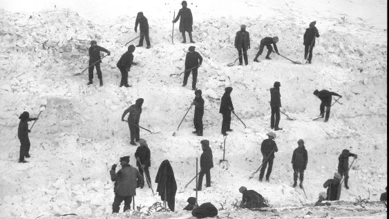 Photo en noir et blanc de 23 secouristes sur une pente qui creusent dans des débris d'avalanche.