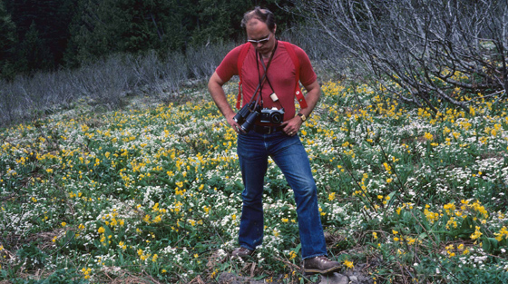 Photographie en couleur d'un homme observant un sol qui a été creusé et perturbé par un grizzli.