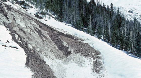 Photo en couleur montrant la destruction causée par une avalanche qui a déplacé des roches, de la boue et des débris en bas de la montagne.